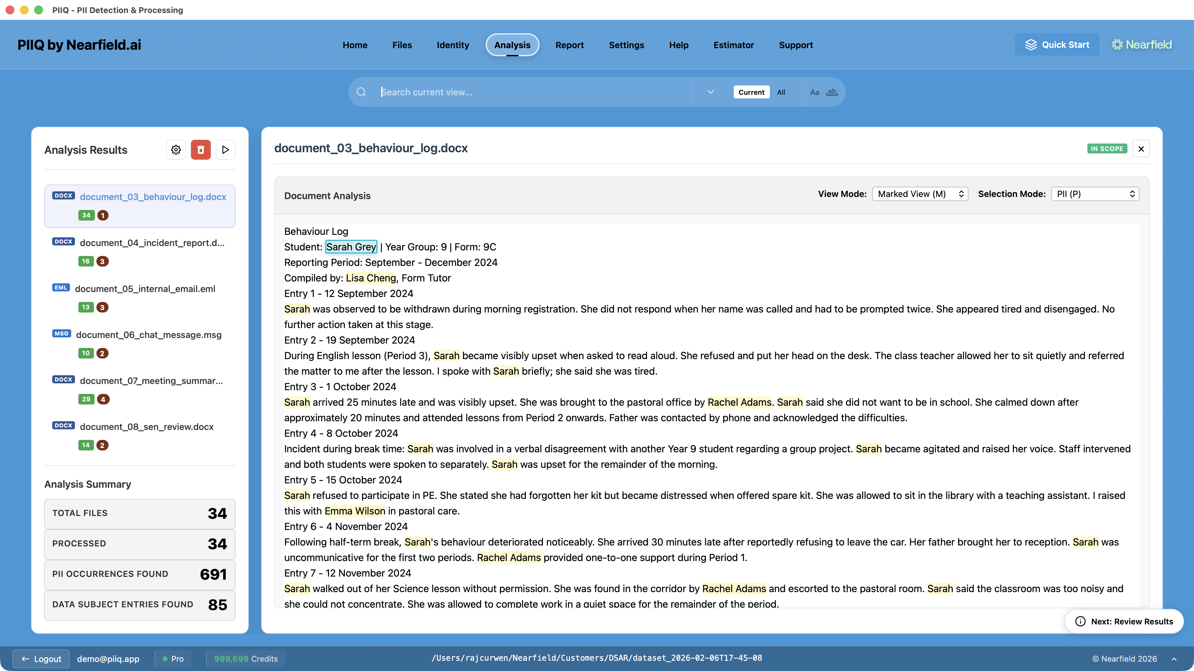 Screenshot: PIIQ analysis view with AI-powered redactions highlighted in documents