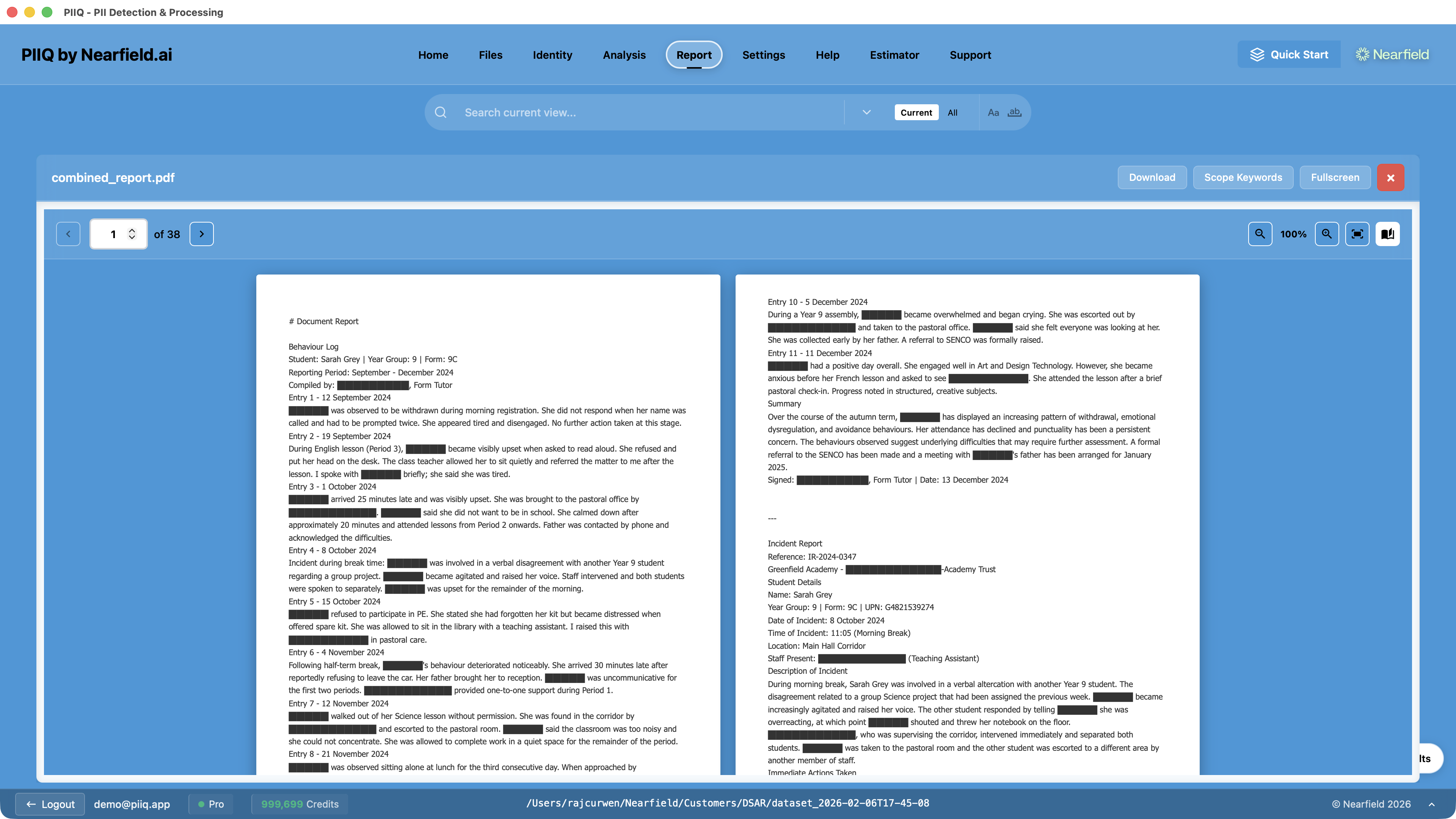 Screenshot: PIIQ redacted PDF output showing documents with PII properly redacted