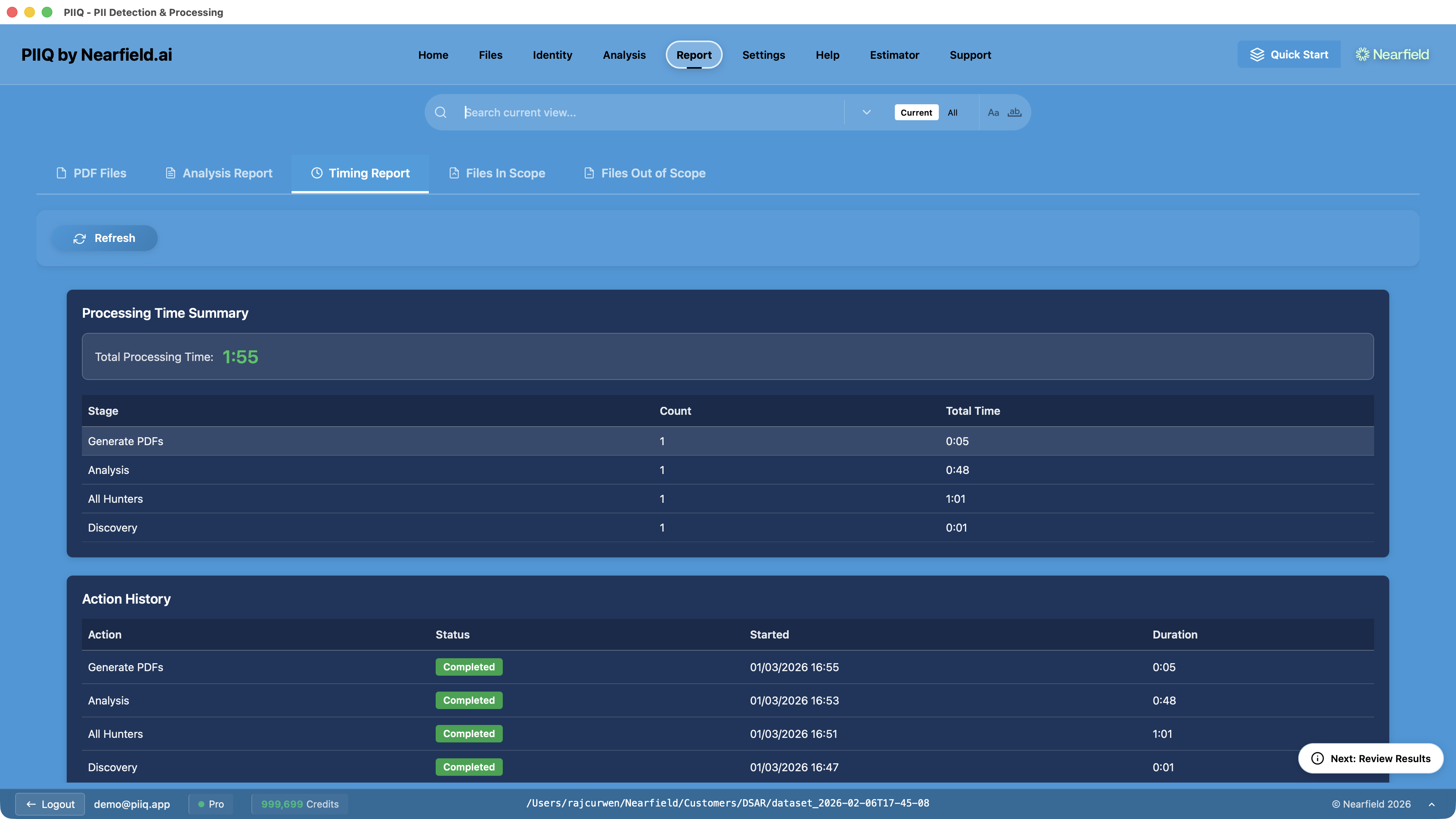 Screenshot: PIIQ timing report showing total processing time of under 2 minutes for Discovery, Hunters, Analysis, and PDF generation